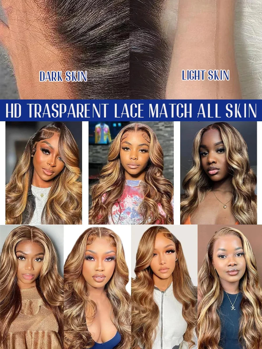 Selvanelle P4/27 highlight body wave human hair wig with 40-inch length, high density, transparent Swiss lace frontal.
