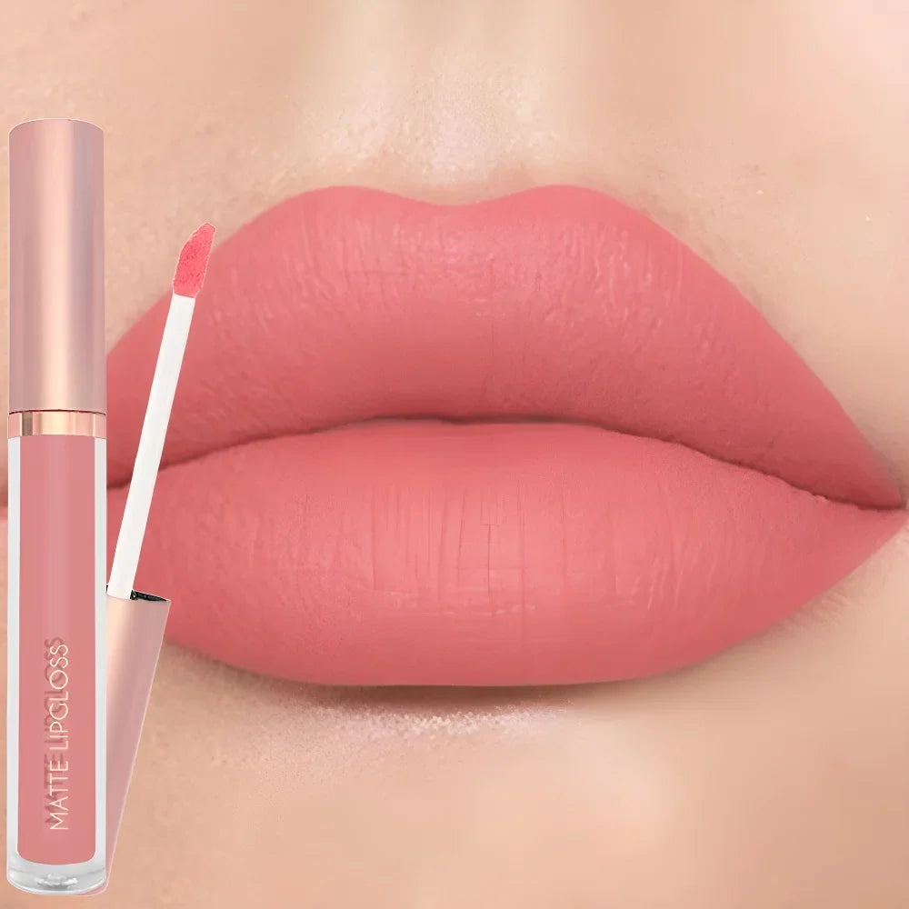 Blushimmer 12-color creamy matte lip gloss palette with long-lasting, moisturizing nude, berry, and rose shades for plump lips.