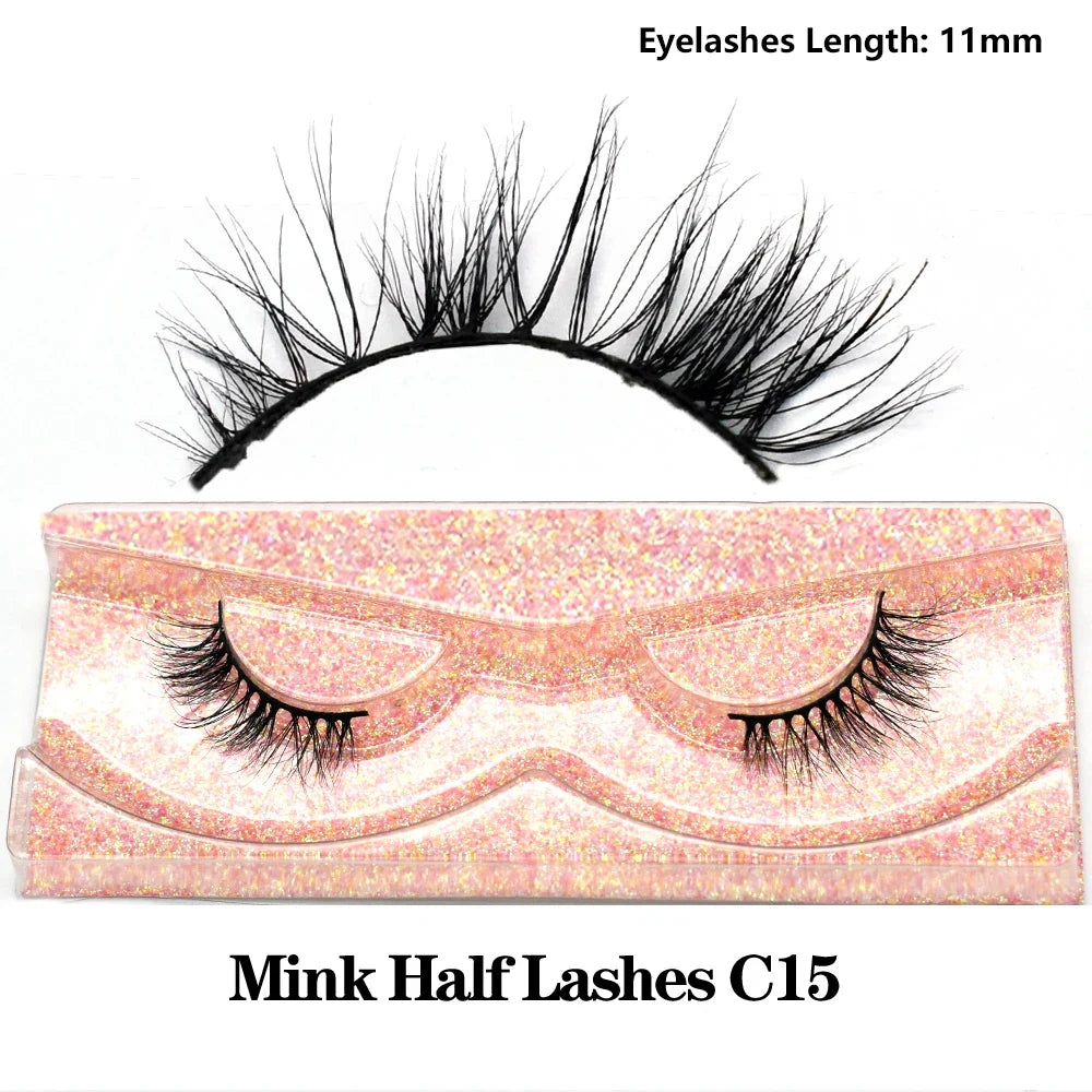 Blushimmer 3D Mink Fluffy Half False Eyelashes with clear band, natural soft lightweight strip, reusable short eye lash extension.