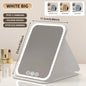 Blushimmer dimmable LED makeup mirror with touch screen, foldable design, rechargeable, suitable for travel and home use.