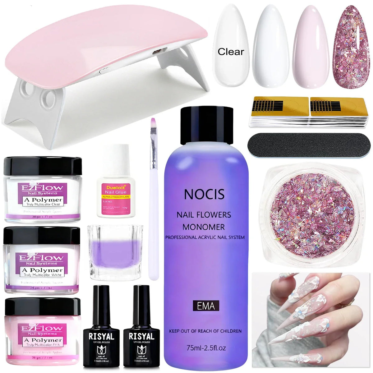 Blushimmer acrylic nail kit with clear, white, pink powders, 75ml liquid, brush, forms, cuticle oil pen, manicure tools, 28g.
