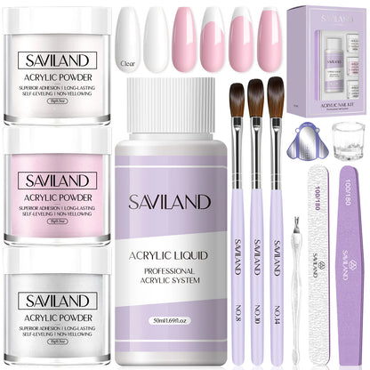 SAVILAND Essentials Acrylic Nail Kit Complete Set for Beginners with White Pink Clear Powder Liquid 8 10 14 Brush Nail Forms