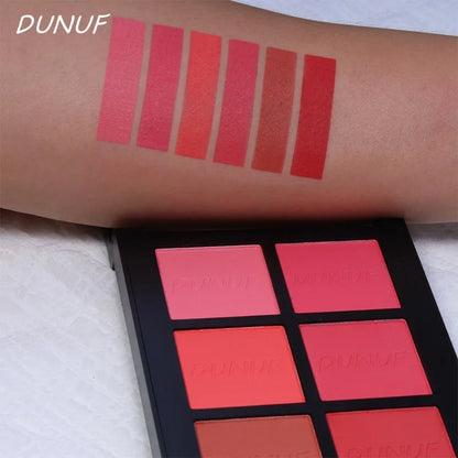 Blushimmer 6-color blush palette with highlighter, contour, and bronzing powders, featuring natural long-lasting, high-pigment makeup shades.