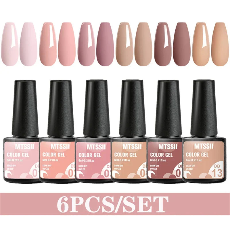 Blushimmer MTSSII 6-piece set of sparkly red gel nail polishes with shiny finish, LED UV gel nail art supplies for manicure.