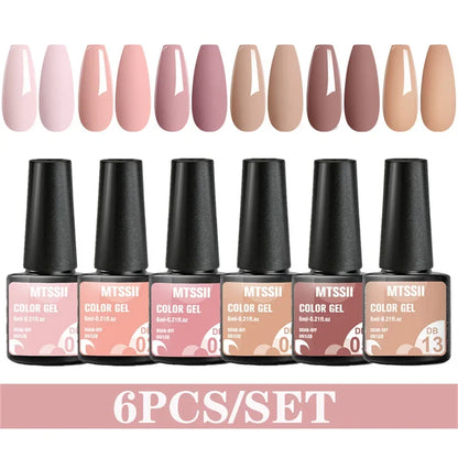 Blushimmer MTSSII 6-piece set of sparkly red gel nail polishes with shiny finish, LED UV gel nail art supplies for manicure.