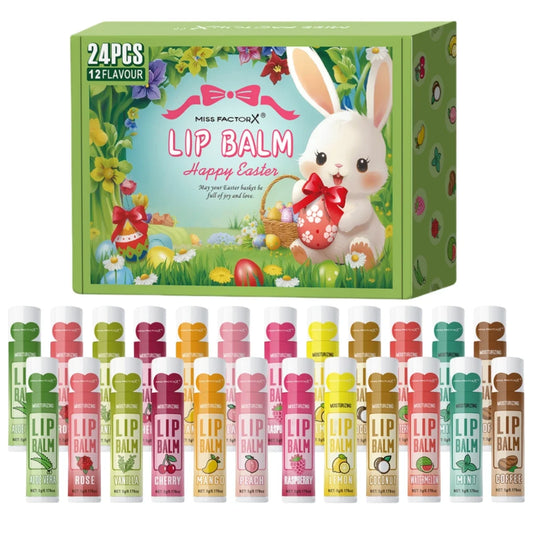 Blushimmer 24-piece lip balm set with moisturizing, glossy formulas in colorful packaging, ideal for dry lips and gifting occasions