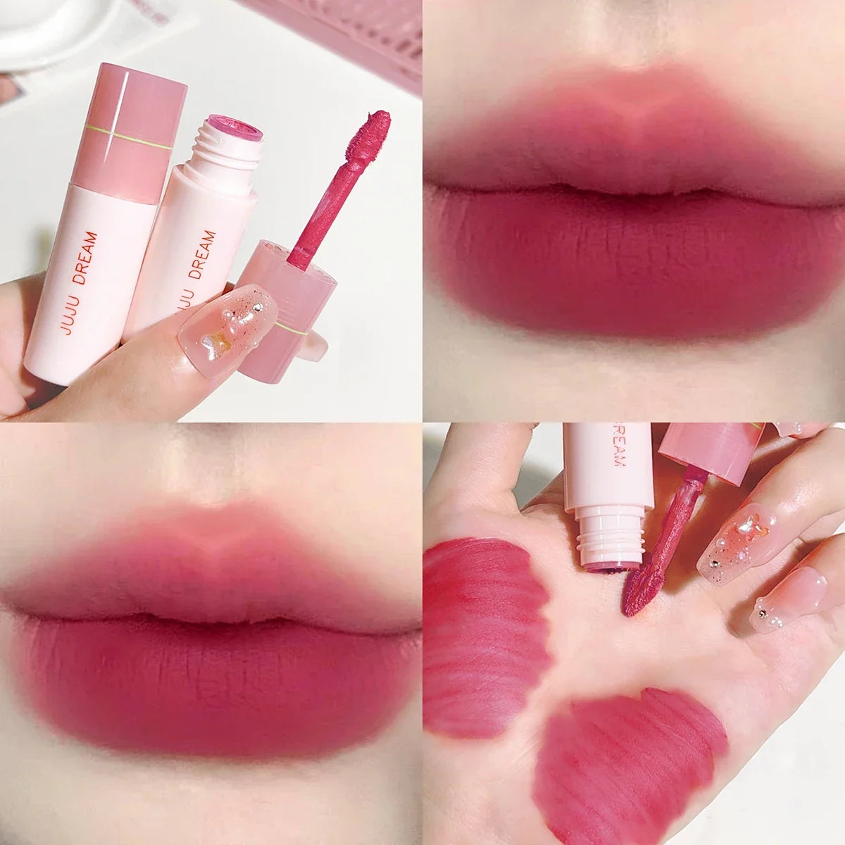 Blushimmer JUJU Dream Small milk tube lip gloss in airy white with matte, velvet finish, featuring a sleek lipstick design.