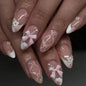 Set of 24 Blushimmer wine red almond press-on nails with cartoon rabbit, bowknot, plaid, and pearl designs for girls.