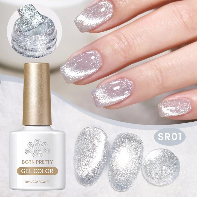 Silver shiny reflective cat magnetic gel nail polish by Blushimmer, with crystal glitter finish, UV and LED soak-off nail art gel