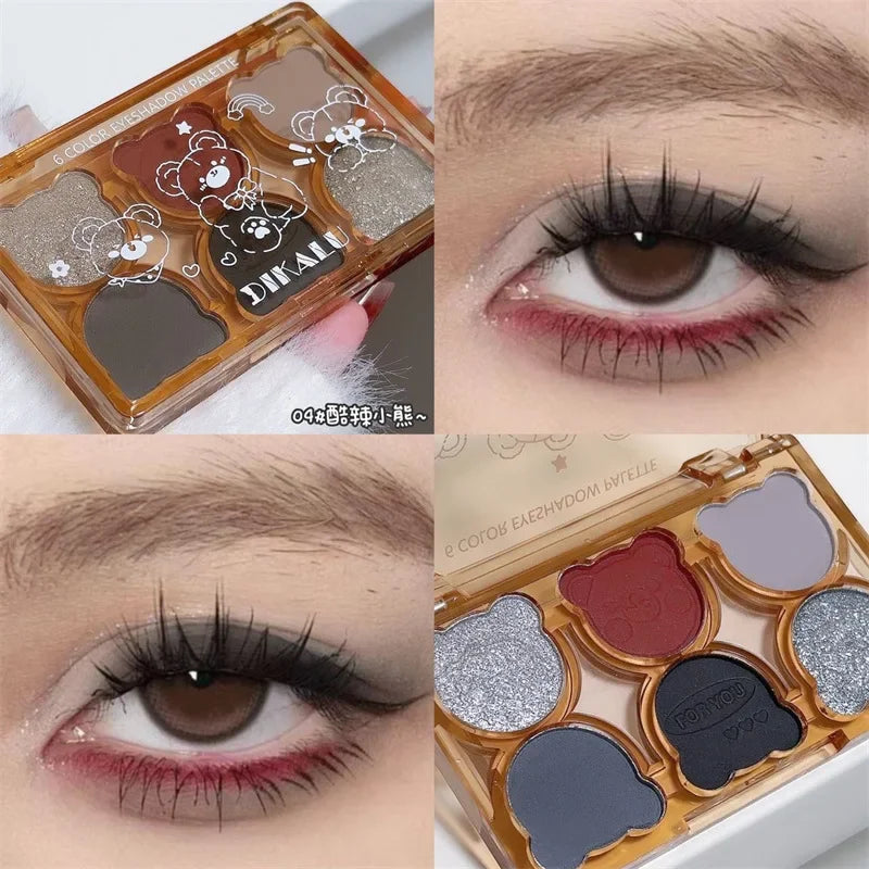 Blushimmer matte eyeshadow palette with six colors including smoky gray, red, black, and wine shades, shimmering and pearlescent finish.
