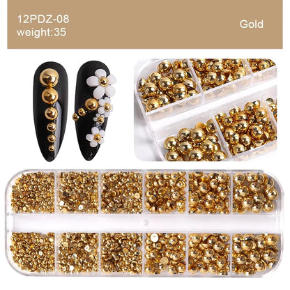 White acrylic flower nail art decorations with mixed size red and blue rhinestones for DIY manicure designs.