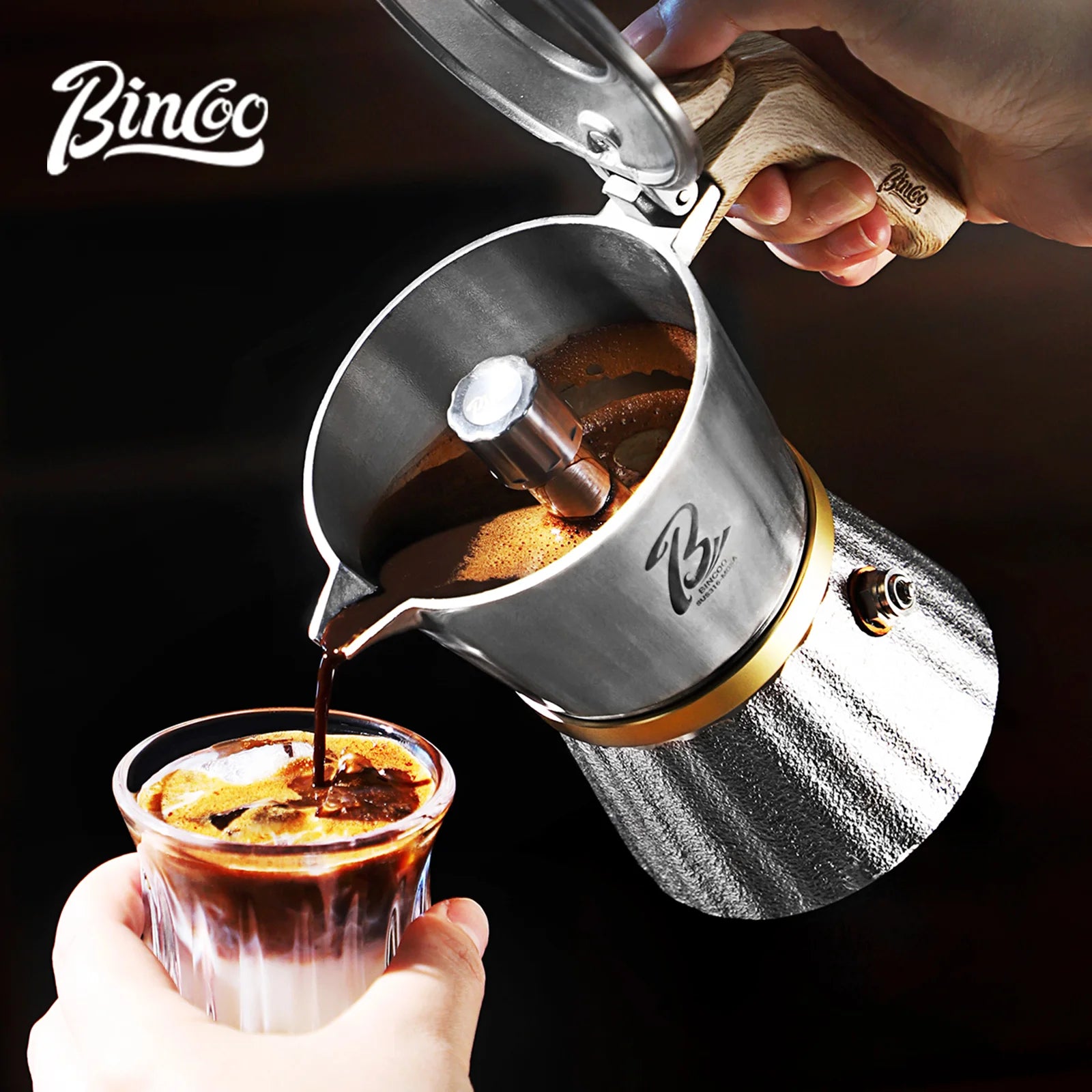 Bincoo Three Valves Moka Pot,316 Stainless Steel Stovetop Espresso Maker 2 Cups,Espresso Coffee Pot Barista Accessories