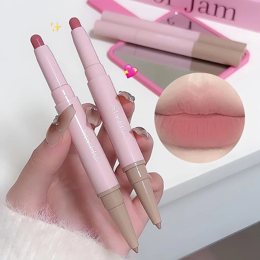 Blushimmer waterproof double-head matte lipstick and lip liner pencil in nude pink and sexy red shades, long-lasting lip makeup.