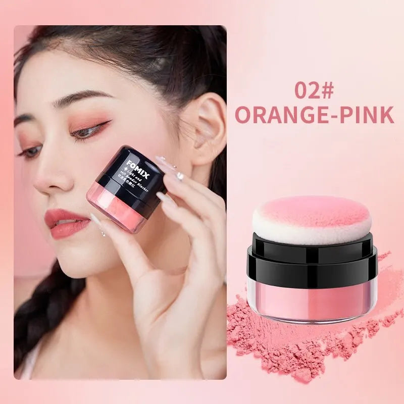 Blushimmer FOMIX loose powder air cushion blush with high pigment, soft matte finish, natural cheek color, and long-lasting wear.