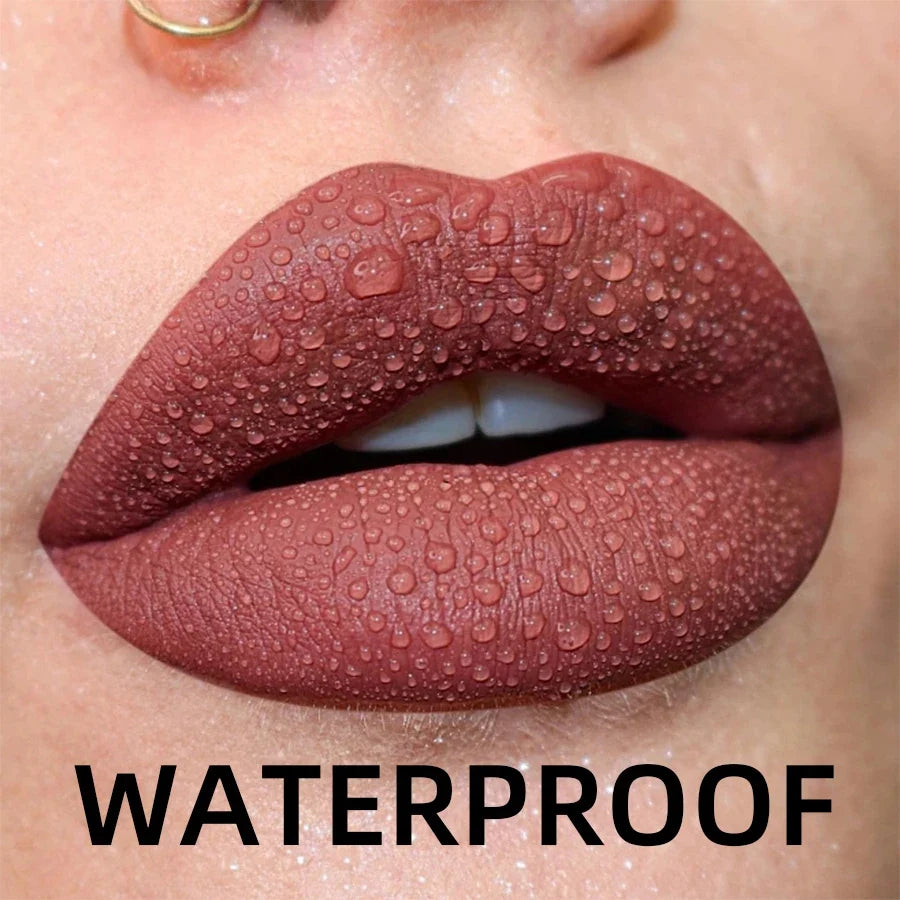Blushimmer matte velvet liquid lipstick in nude and red shades, waterproof lip gloss with a glossy finish and black lips tint.
