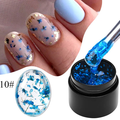 Blushimmer Meet Across pink dried flower gel nail polish with natural flower design, suitable for UV and LED nail art and soak-off gels.