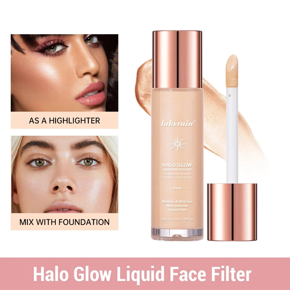 Blushimmer Halo Glow Liquid Highlighter with pearlescent finish for face contouring, brightening, and shimmering body glow.