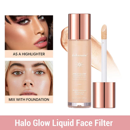 Blushimmer Halo Glow Liquid Highlighter with pearlescent finish for face contouring, brightening, and shimmering body glow.