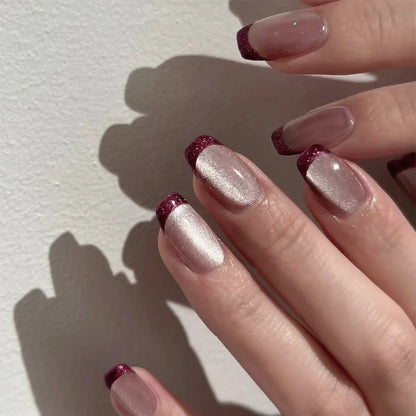 Set of 24 Blushimmer square head fake nails with pink and white gradient French design, short full cover false nail tips.