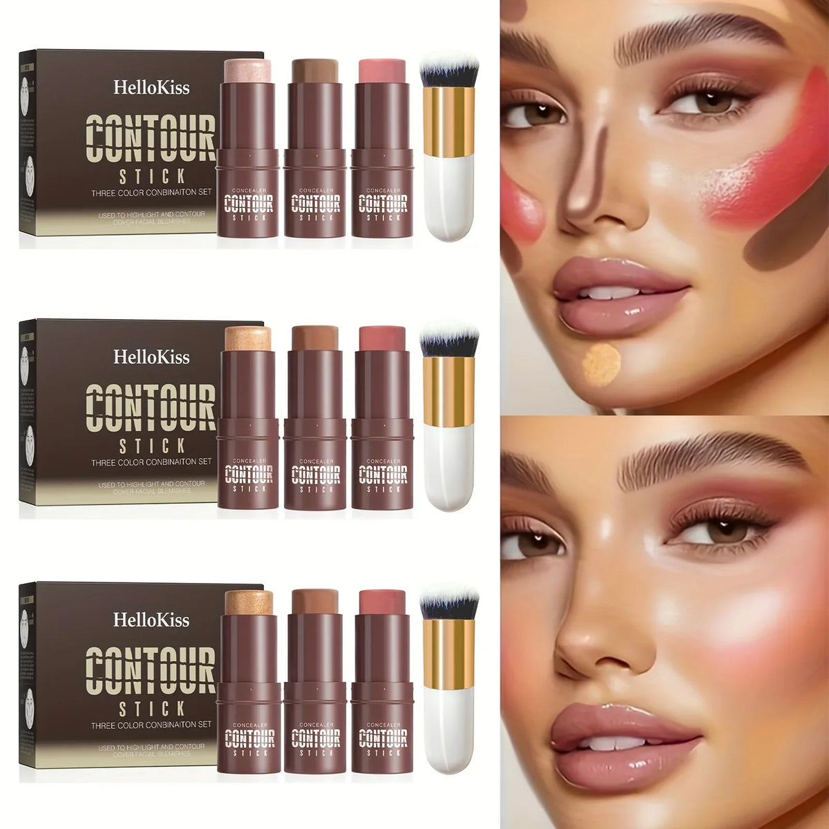 Blushimmer 4pcs cream contour and highlighter stick kit with blush, including contour brush for face contouring and highlighting.
