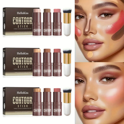 Blushimmer 4pcs cream contour and highlighter stick kit with blush, including contour brush for face contouring and highlighting.