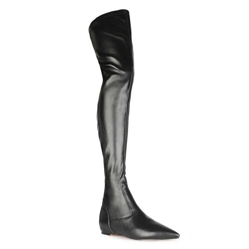 Soft Leather Height Increasing Black Long Boots Pointed Toe Stretch Slip On Winter Fashion Boots Size 44 Over The Knee Boots