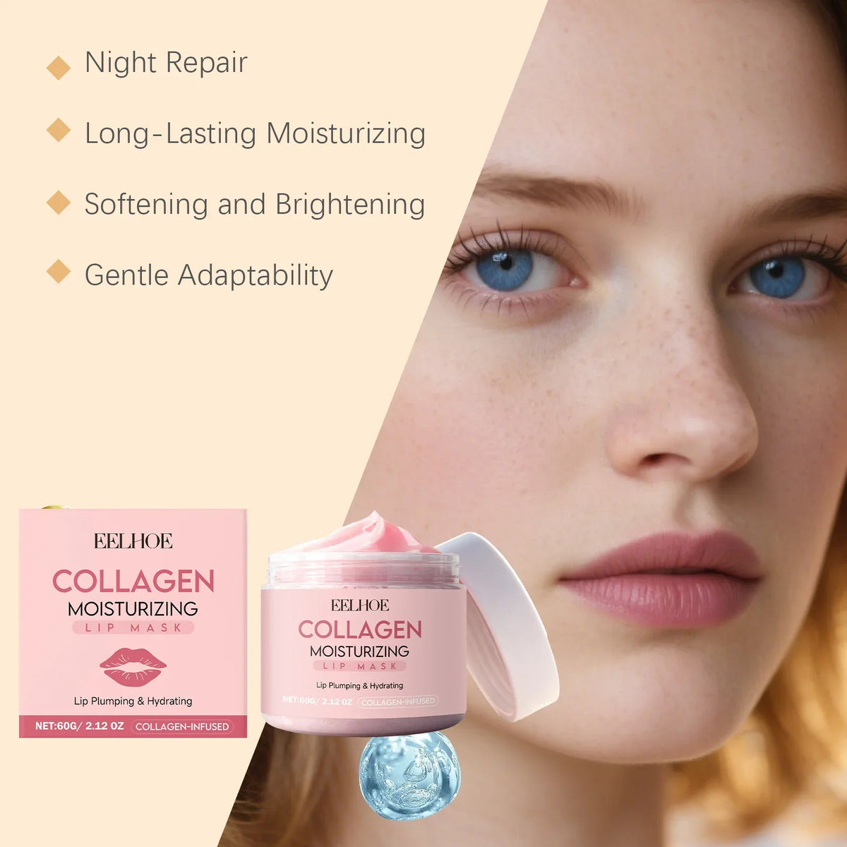 Blushimmer collagen lip mask for overnight repair, moisturizing and nourishing dry, flaky lips with a nourishing lip care treatment.