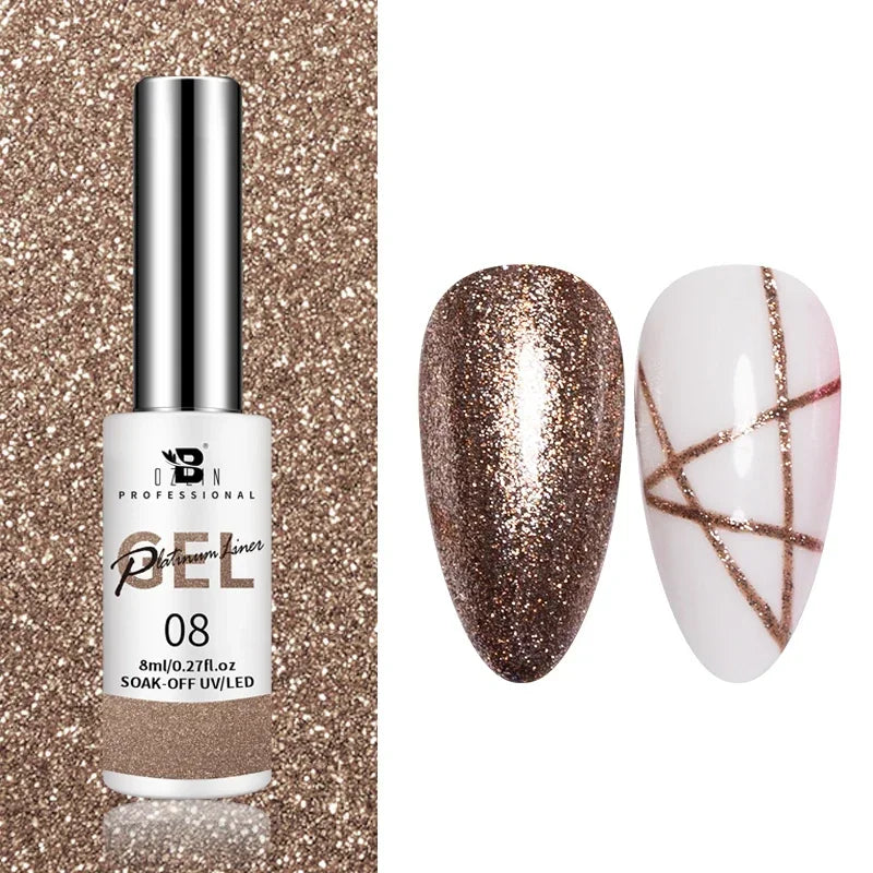Blushimmer 5ML metallic gel polish in gold and silver with mirror chrome finish, perfect for UV LED semi-permanent nail art.
