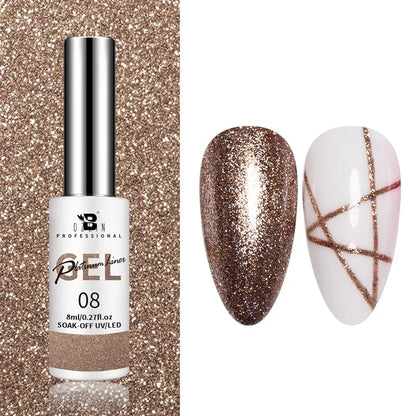 Blushimmer 5ML metallic gel polish in gold and silver with mirror chrome finish, perfect for UV LED semi-permanent nail art.