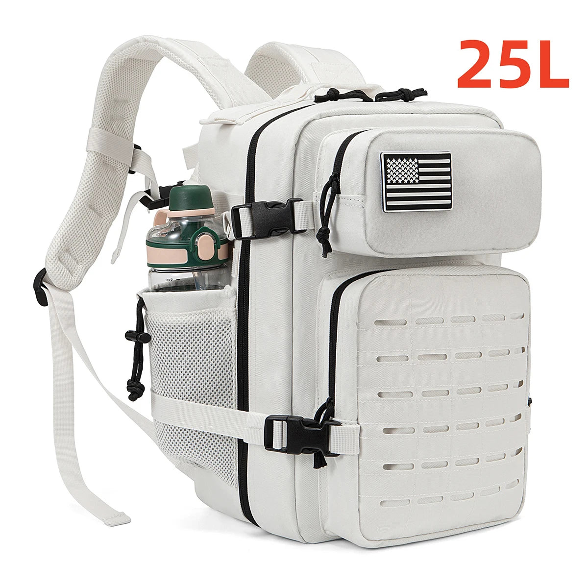 Adventure Club Store tactical backpack with water bottle holder, suitable for outdoor activities, school, and hiking, in black.