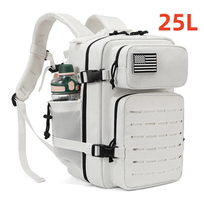 Adventure Club Store tactical backpack with water bottle holder, suitable for outdoor activities, school, and hiking, in black.