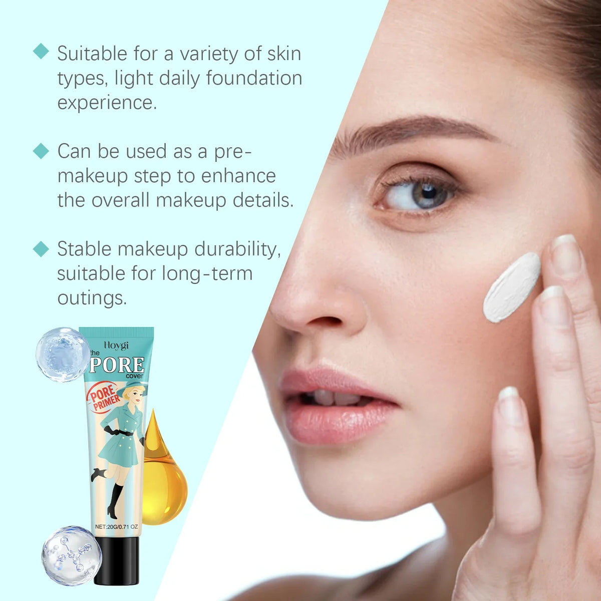 Blushimmer pre-makeup pore primer with smoothing, oil control, moisturizing, and waterproof formula for even skin tone and invisible pores.