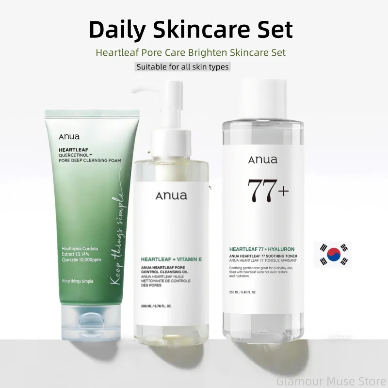 Korean ANUA Heartleaf skincare set including soothing acne toner, daily lotion, deep cleansing foam, and facial cleansing oil.