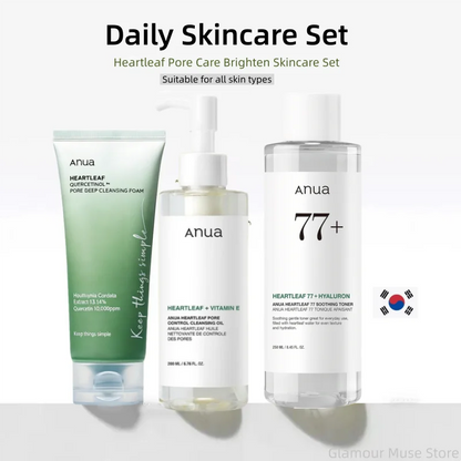 Korean ANUA Heartleaf skincare set including soothing acne toner, daily lotion, deep cleansing foam, and facial cleansing oil.