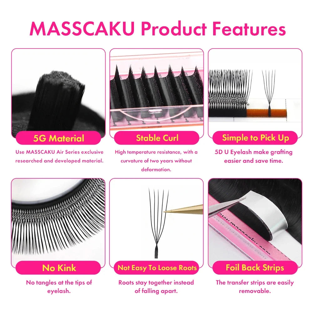 Blushimmer MASSCAKU U-shaped 3D 4D 5D eyelash extensions with C and D curls, natural mink false eyelashes on a display tray.