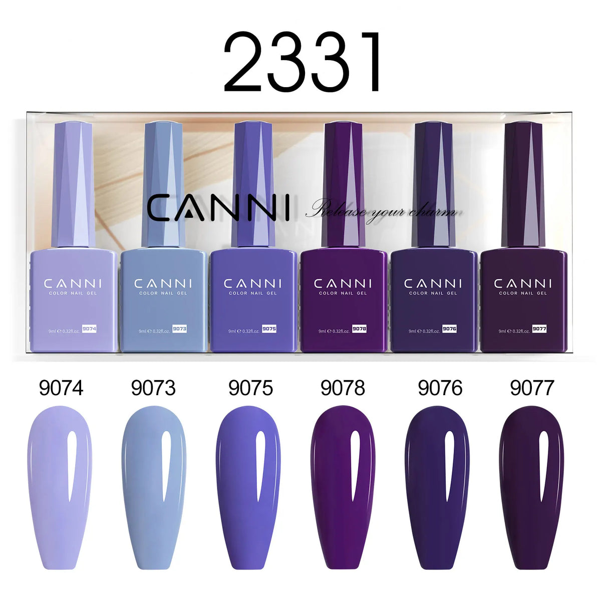 Blushimmer CANNI HEMA-free nail gel polish set with six 9ml bottles in vibrant colors for semi-permanent UV and LED gel nails.