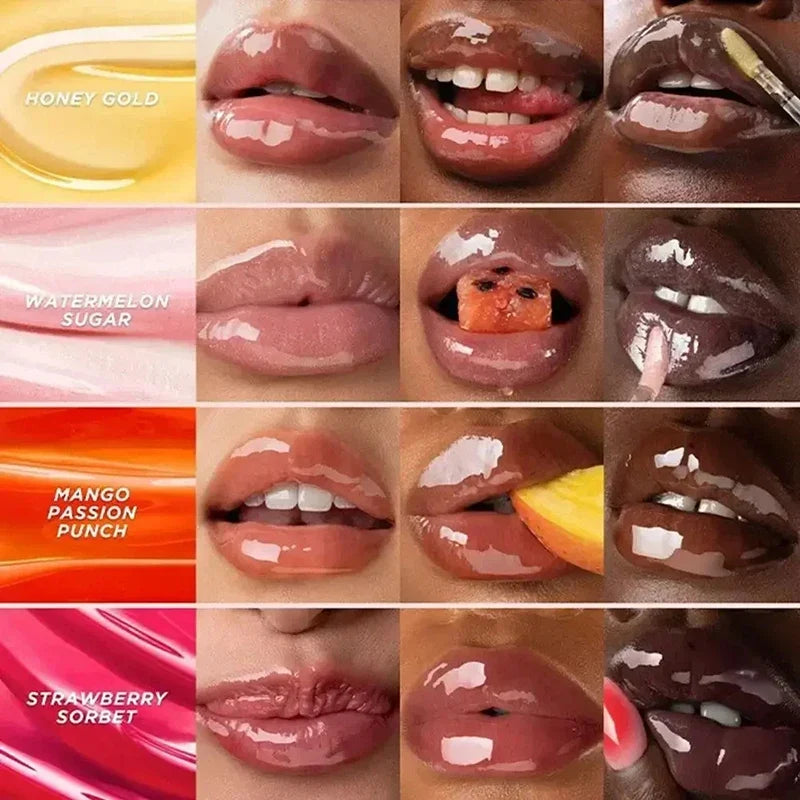 Blushimmer Gisou moisturizing lip balm and lip oil gloss, featuring a clear, glossy finish for plump, exfoliated lips.