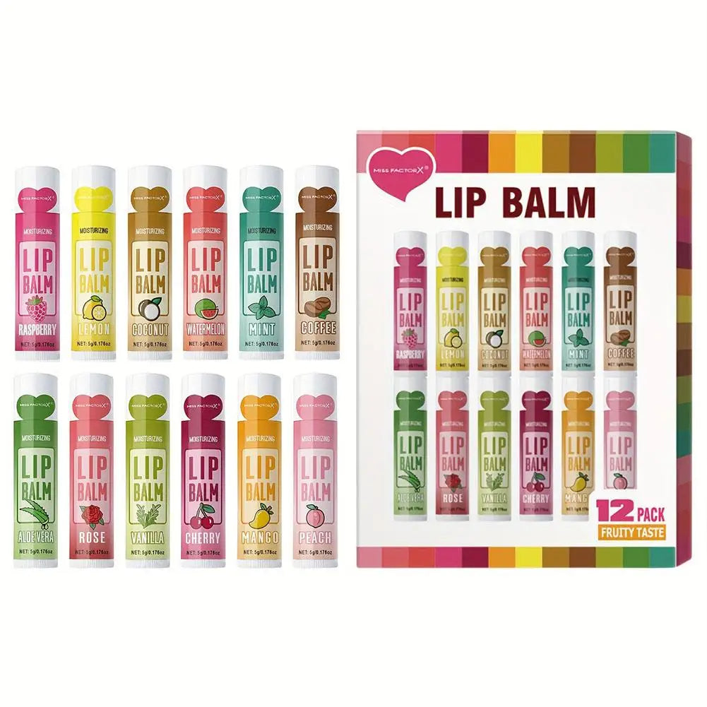 Assorted fruit flavor lip balms set by Blushimmer, featuring hydrating and nourishing balms in colorful containers for dry lips.