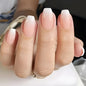Set of 24 pink and white gradient square head fake nail tips with French press design, from Blushimmer, with jelly glue included.