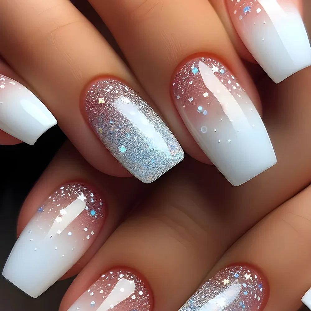 24-piece pink and white gradient square fake nail set with French press design by Blushimmer, includes jelly glue and short full cover tips.