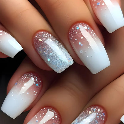 24-piece pink and white gradient square fake nail set with French press design by Blushimmer, includes jelly glue and short full cover tips.