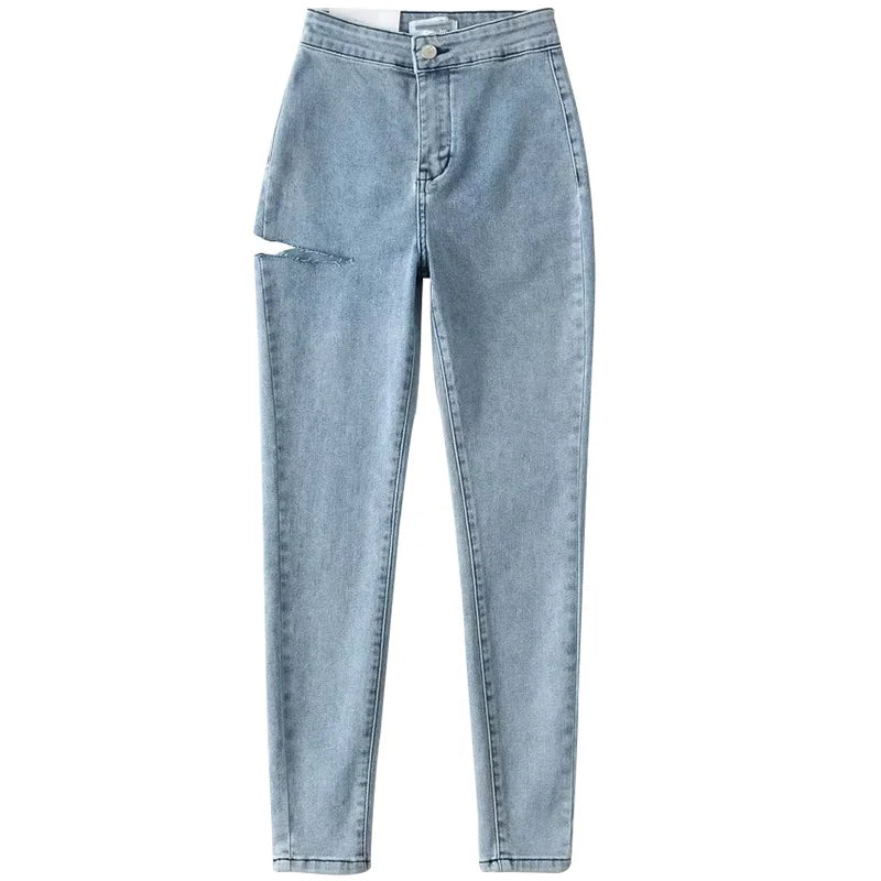 WOMENGAGA American Spicy Girls Sexy Hole Jeans Slim High Waist Elastic Feet Pencil Pants Trousers Fashion Women BOF8