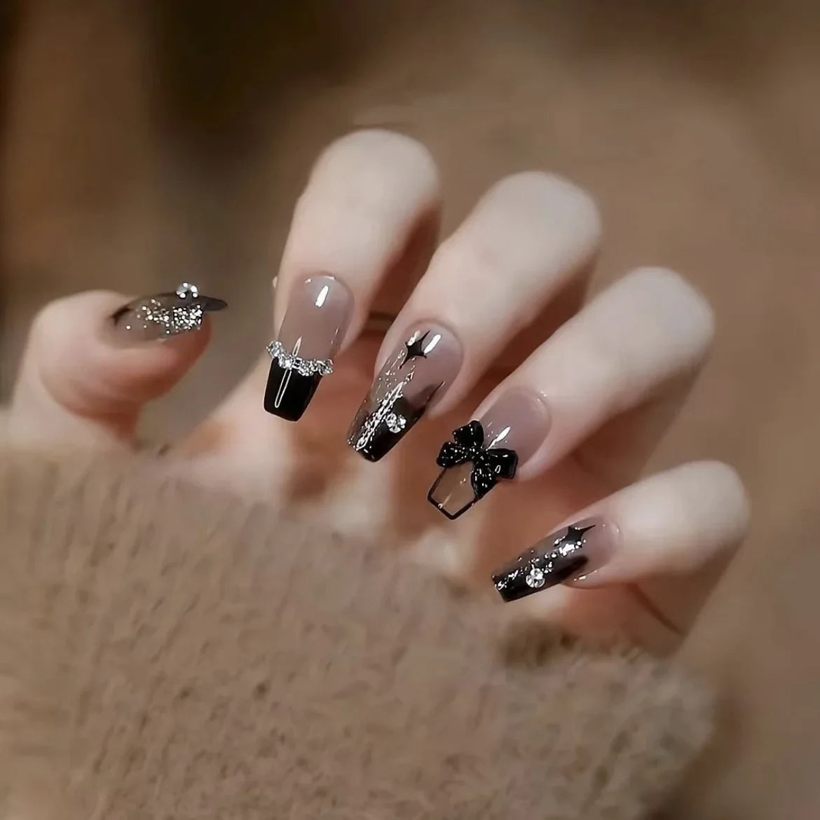 Dark wind gradient long white bow nail patch set by Blushimmer, 24-piece box with stylish fake nails for elegant manicures.