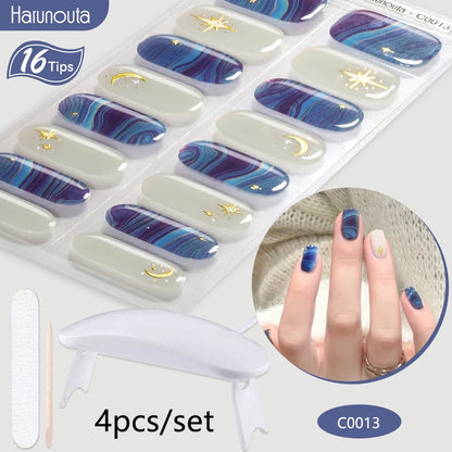 Blushimmer Harunouta 4-piece set of nude pink gradient gel nail strips with waterproof, semi-cured finish and matching nail lamp.