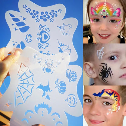Blushimmer reusable plastic stencils for body painting, face art, stamps, and temporary tattoos with intricate designs.