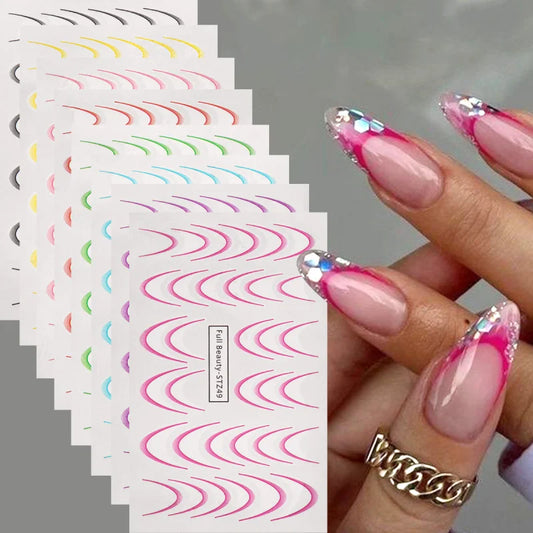 Set of 8 colorful gradient French line water nail stickers with stripe and ombre designs for DIY nail art decoration.