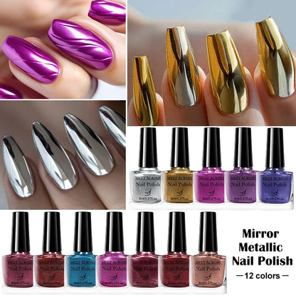 Blushimmer 8ml mirror metallic nail polish bottle showcasing shiny, long-lasting air-dry nail varnish for DIY manicures.