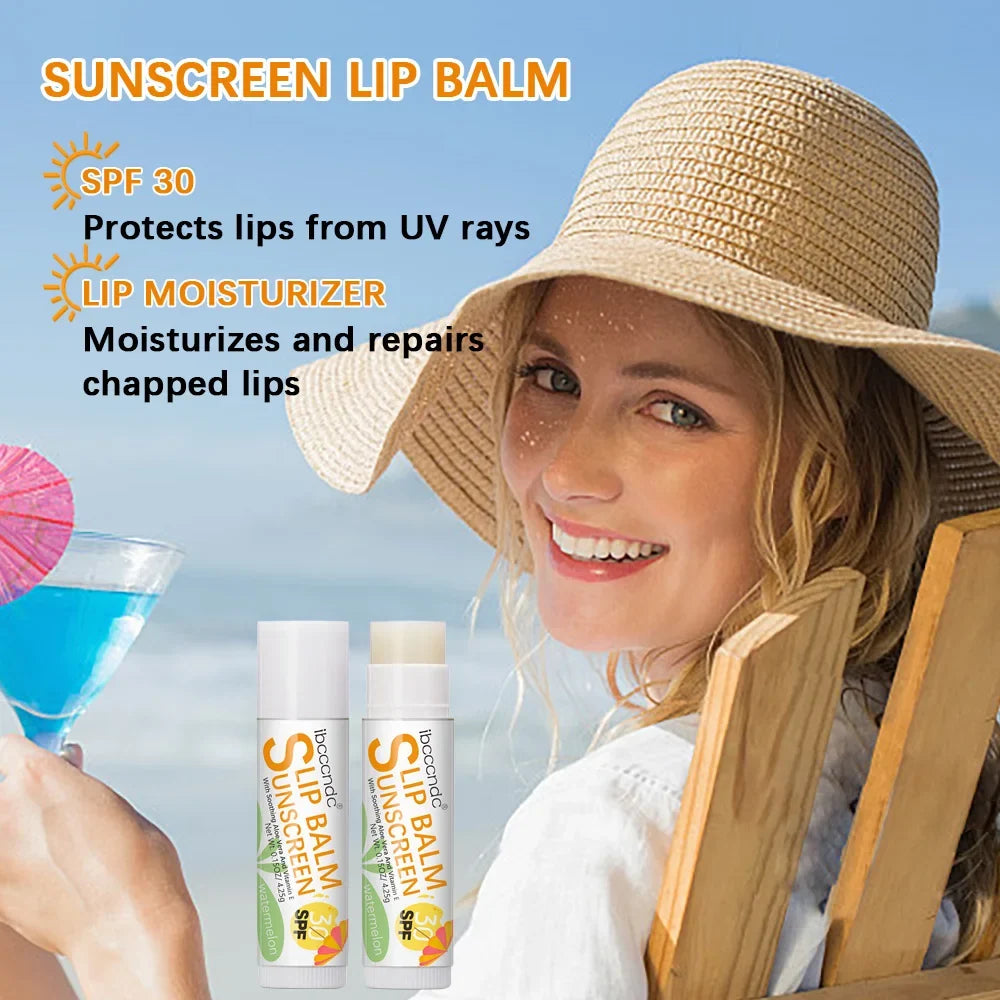 Blushimmer SPF 30 sunscreen lip balm with watermelon, coconut, banana flavors, moisturizing colorless lipstick for sun protection.