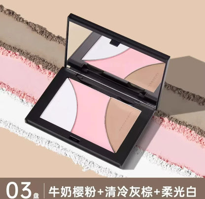 Blushimmer Mooekiss highlighter contour blush powder palette with 3 matte and pearlescent shades for face and eye makeup.