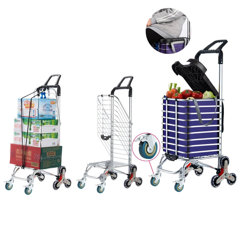 Grocery Cart Portable Aluminum Alloy Shopping Folding Trolley Big Capacity Lightweight Step Climbing Folded Trolley